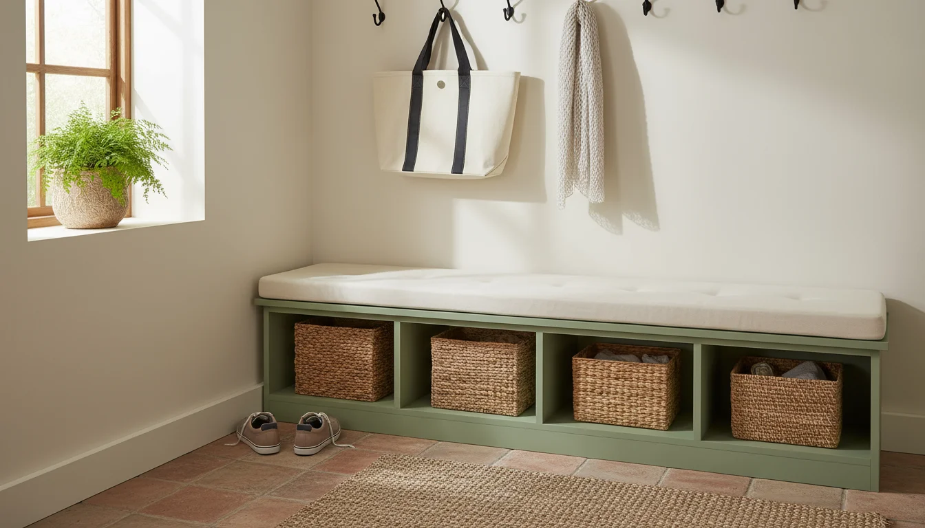 Repurposed sage green bookcase laid horizontally as a mudroom bench with a cream cushion, storage baskets, and sneakers in cubbies.