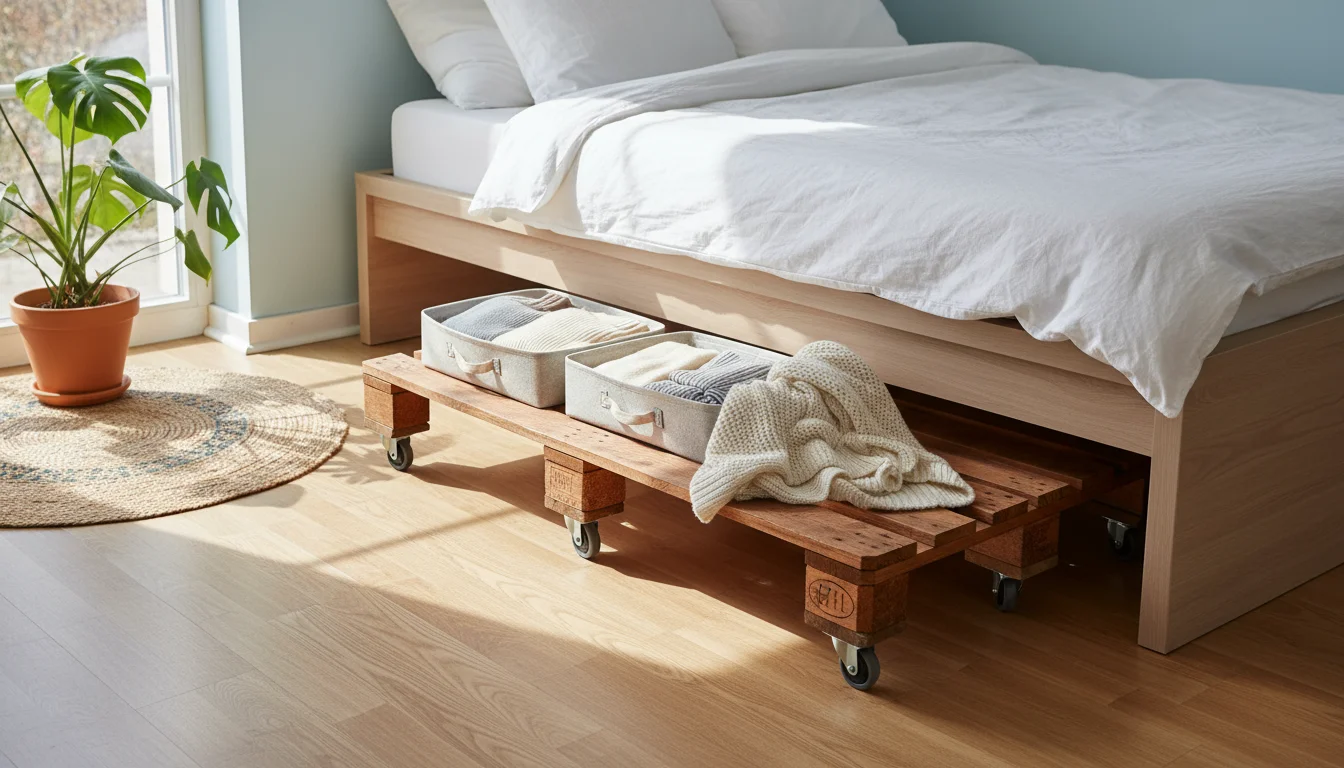 Repurposed wooden pallet platform on casters, partially pulled out from under a bed, holding two fabric bins with clothes and a blanket.