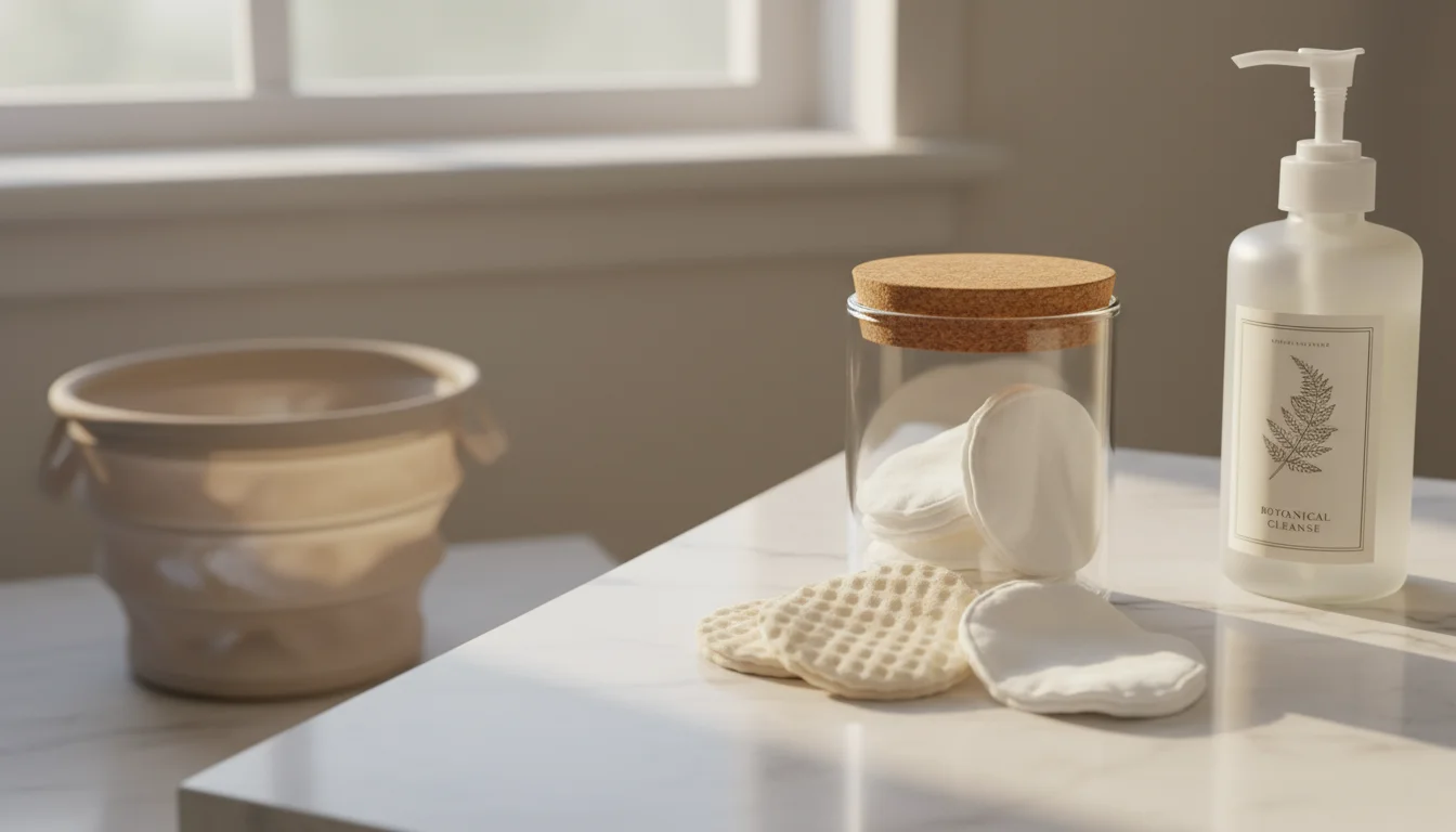 Reusable organic cotton and bamboo rounds in a glass jar and on a bathroom counter, with a mesh laundry bag nearby.