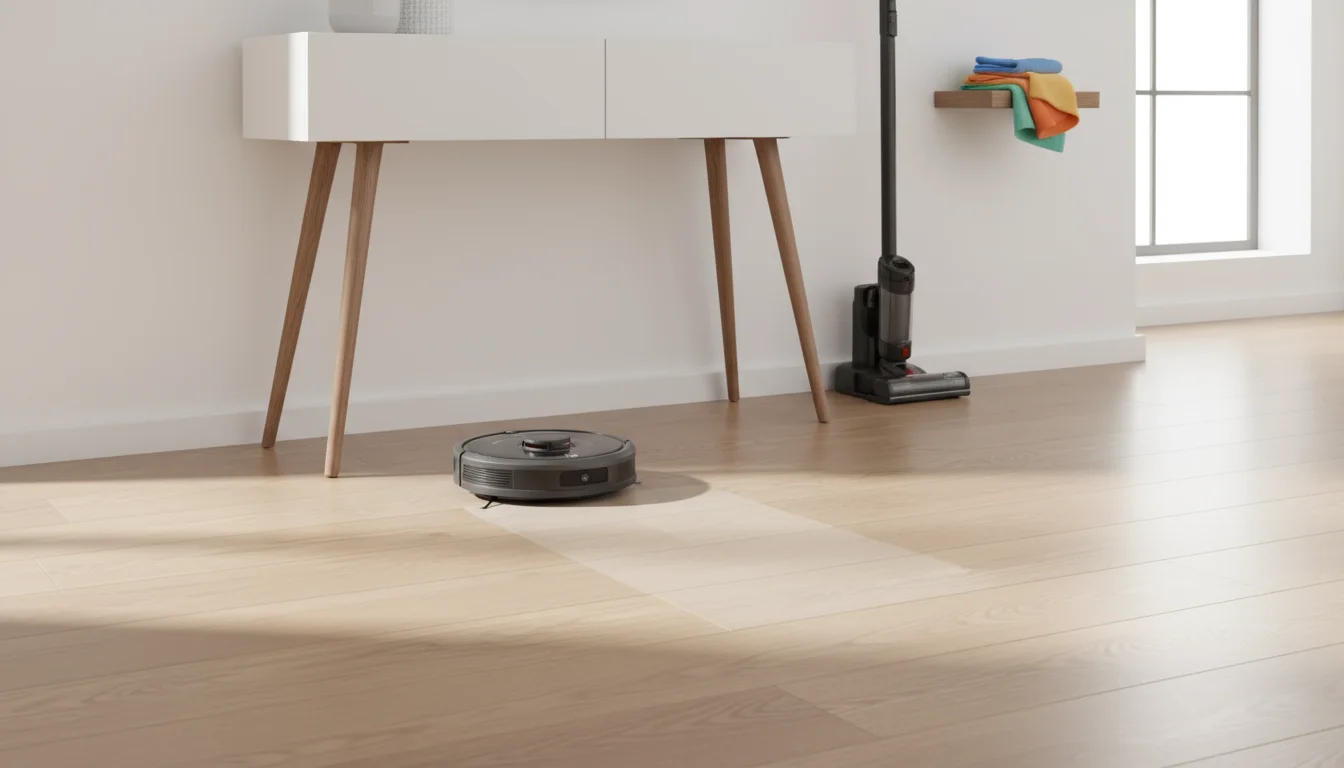A robot vacuum cleans a light wood floor in an entryway, with a stick vacuum and microfiber cloths ready nearby.
