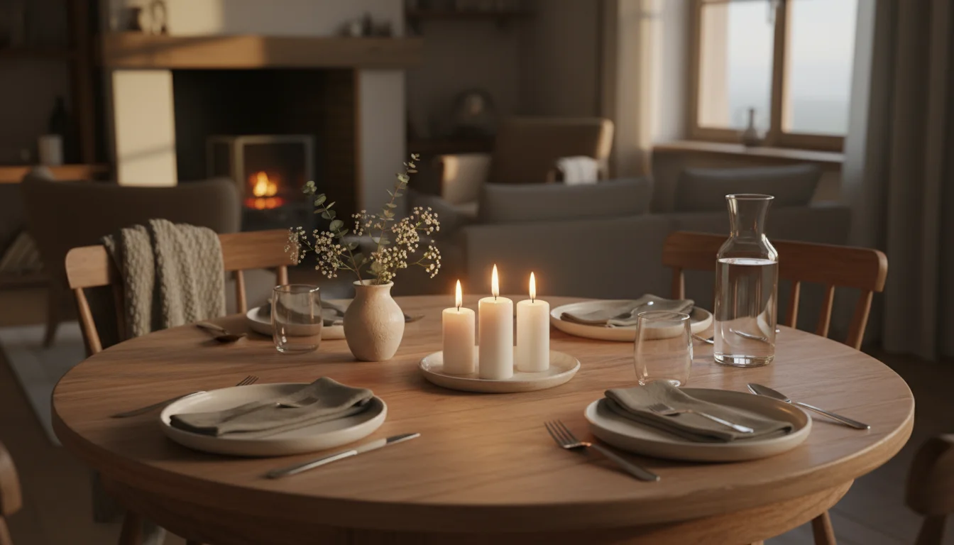 A round wooden dining table set for an evening meal, featuring three glowing white pillar candles as a centerpiece. Two simple place settings are visi