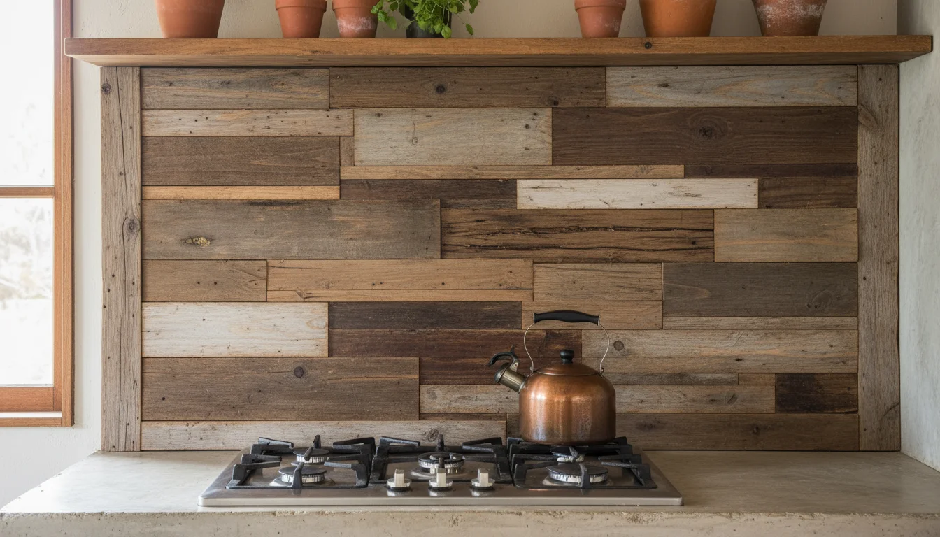 Rustic kitchen backsplash made from small, varied reclaimed wood planks behind a stovetop. A pot and wooden spoons are visible.