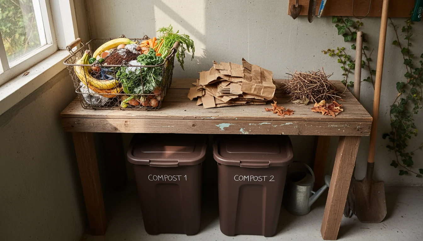 A rustic wire basket filled with kitchen scraps (greens) next to a pile of shredded cardboard and dry leaves (browns) and a spray bottle, on a wooden 