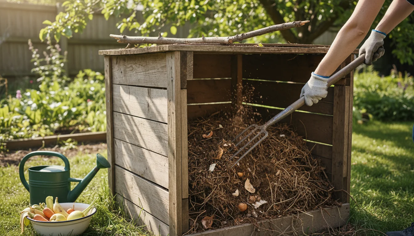 A rustic wooden compost bin with a partially open lid shows dry, matted brown compost. A person aerates the pile with a garden fork.