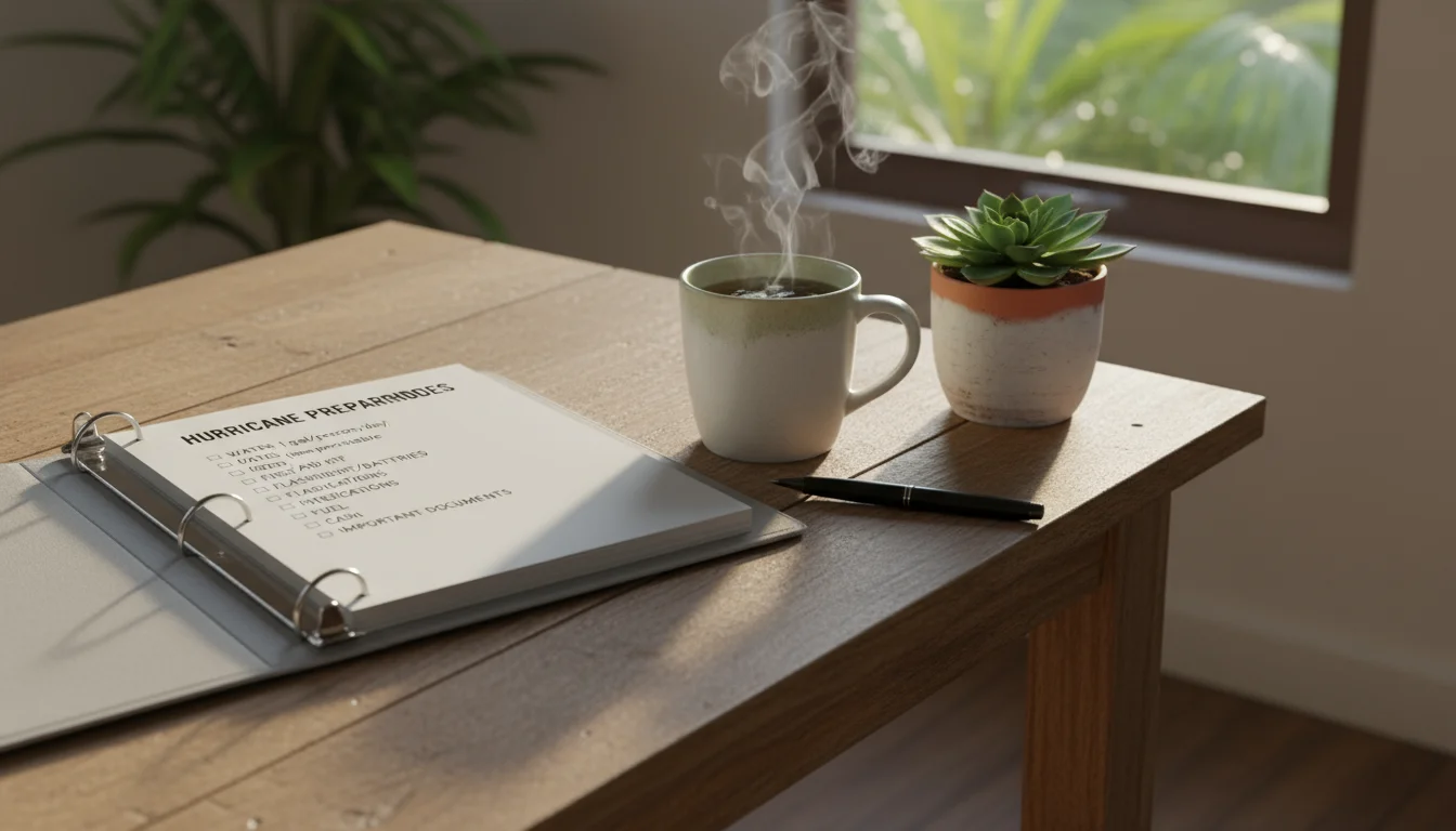 A rustic wooden kitchen island with an open binder displaying a hurricane preparedness checklist, a ceramic mug of tea, and a small potted succulent.
