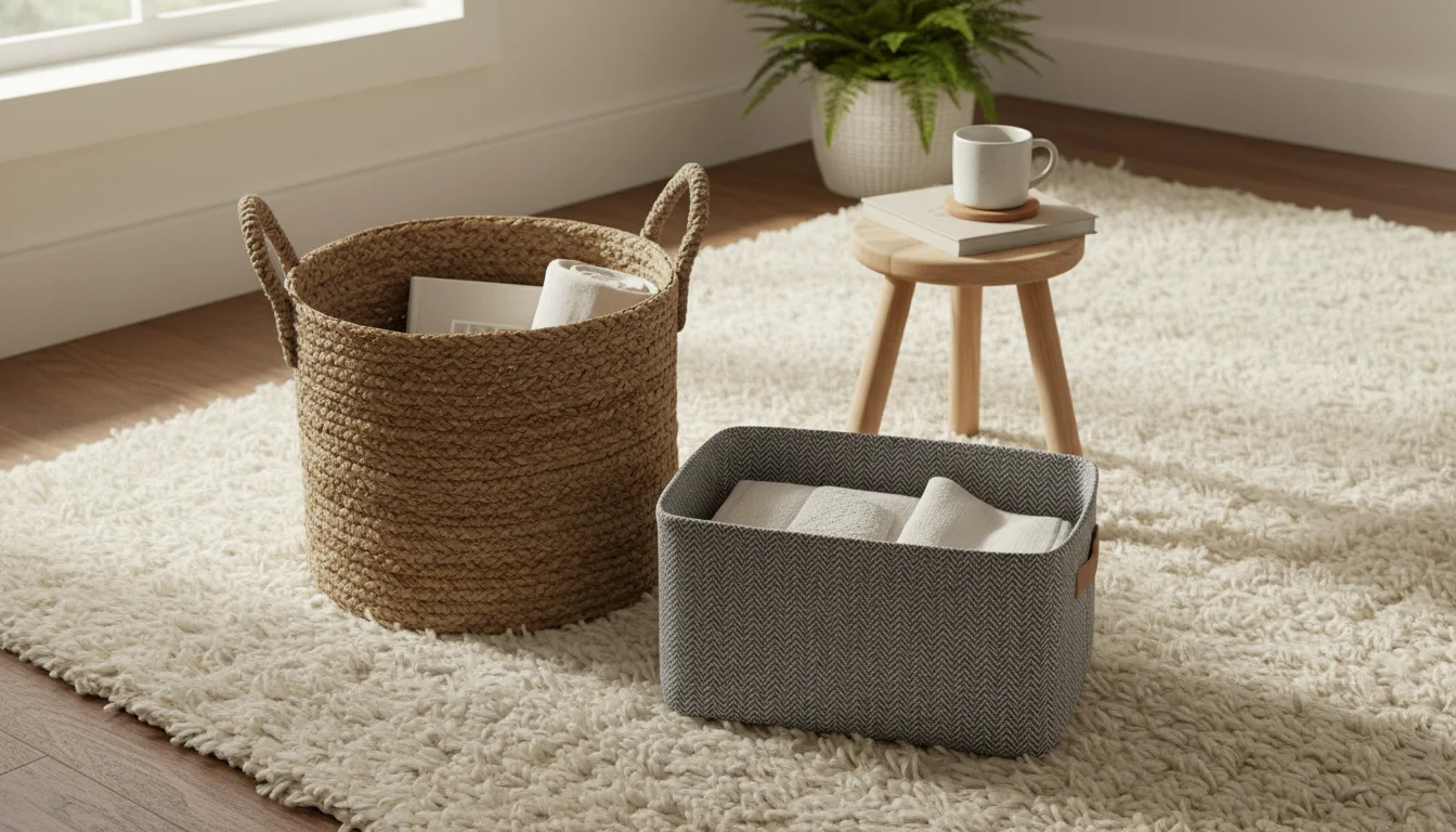A rustic woven basket, a gray fabric bin, and a small wooden stool are arranged on a soft rug in a sunlit living room.