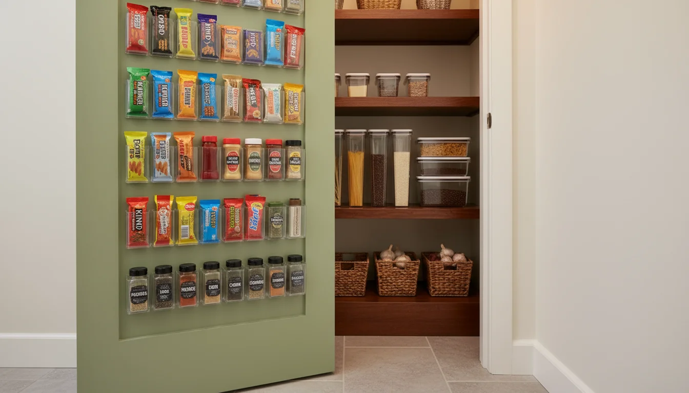 A sage green pantry door organized with clear pockets holding snacks and spices; a narrow shelf with clear containers and wicker baskets is visible be