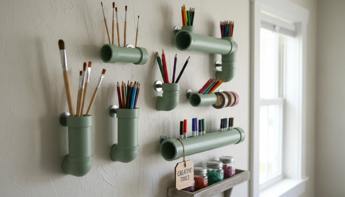 Sage green PVC pipe organizers mounted on a wall, holding craft supplies and a small plant. A hand reaches for a paintbrush.