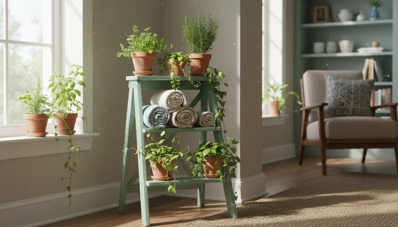 A sage green repurposed wooden ladder serving as a corner display, holding potted plants and rolled blankets in natural light.