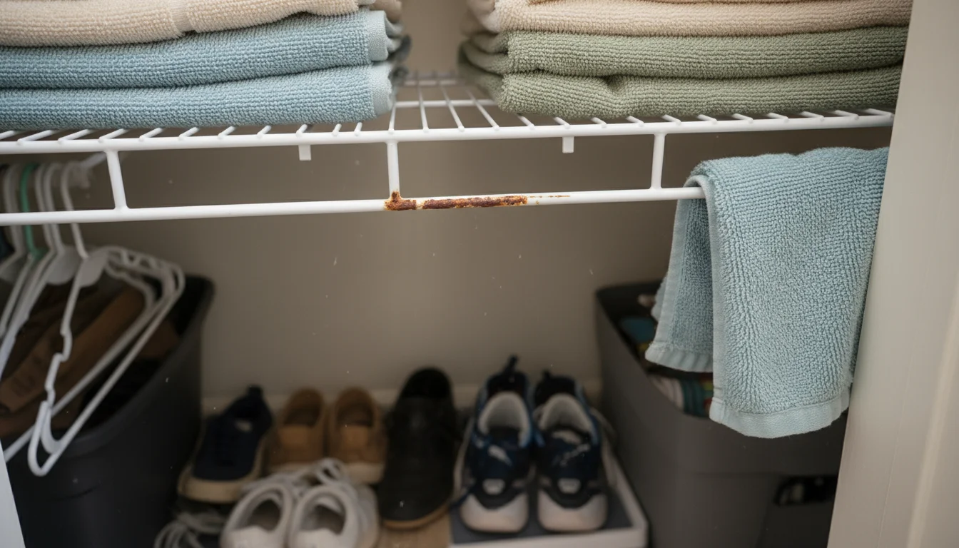 Medium shot of sagging white wire shelving in a closet. A chipped vinyl coating reveals rust, and folded towels are slightly askew.