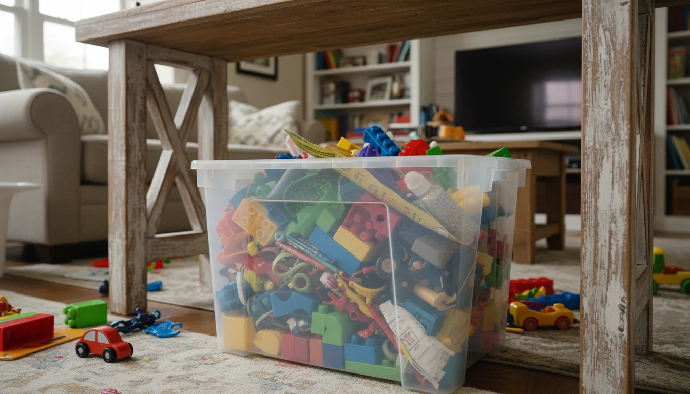 Scuffed clear plastic storage bin, full of colorful kids' toys, tucked under a rustic console table in a lived-in family room.