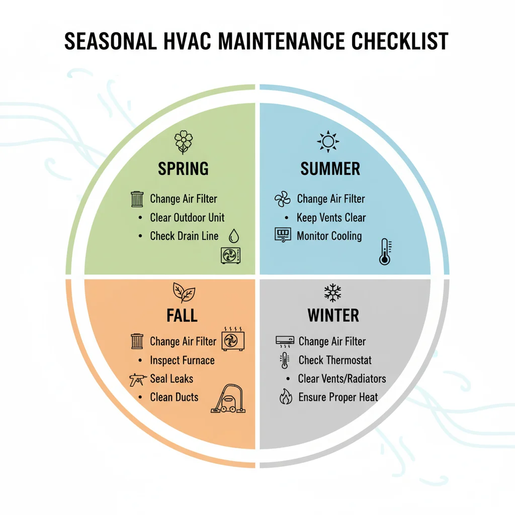 Infographic of seasonal HVAC maintenance checklist with tasks for Spring, Summer, Fall, and Winter