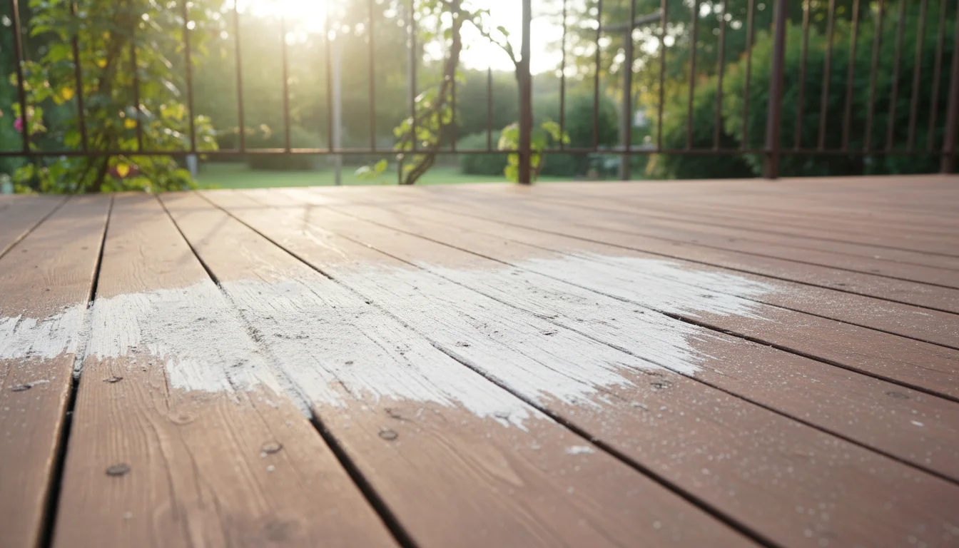 Eye-level view of a seasoned wooden deck with a pale, bleached-out patch caused by harsh cleaners.