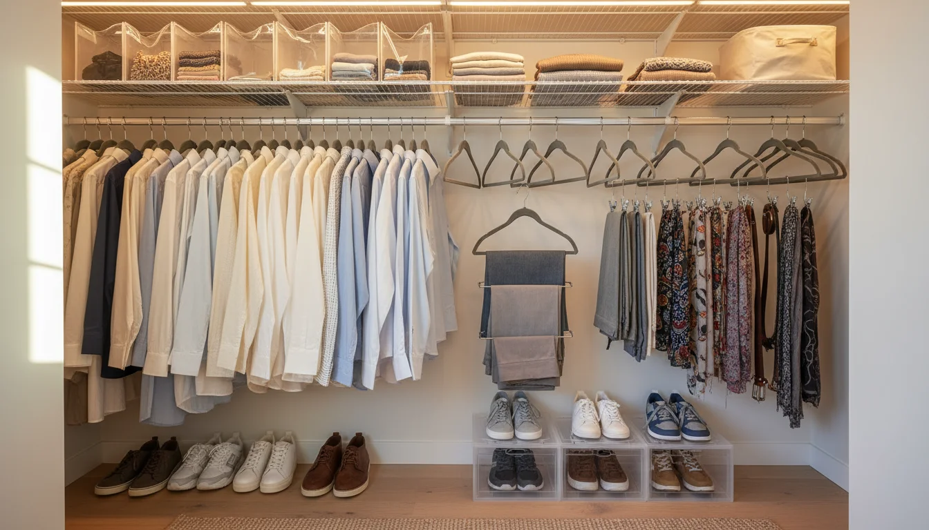 A section of a closet rod showing slim dark gray velvet hangers, a cascading hanger with an outfit, and an S-shaped hanger with pants, demonstrating e