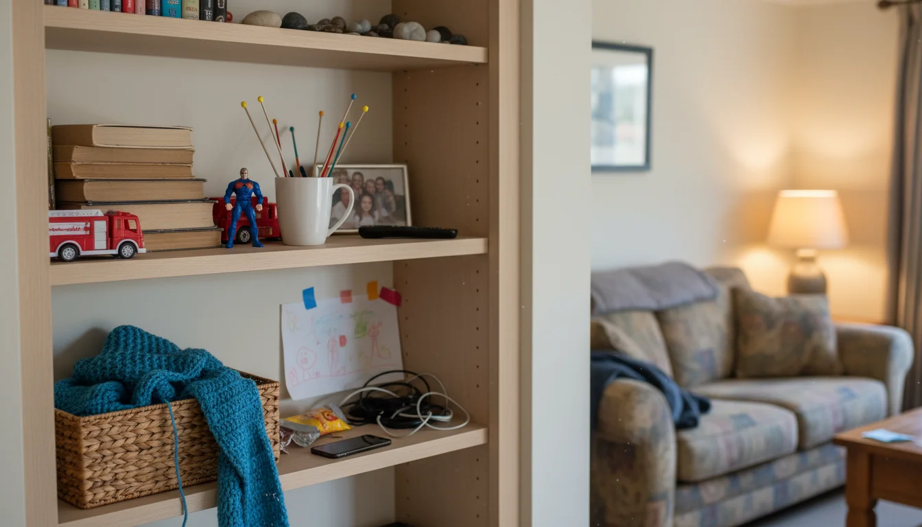 A section of a light wooden shelving unit in a living room, filled with a disorganized mix of books, toys, and household items.