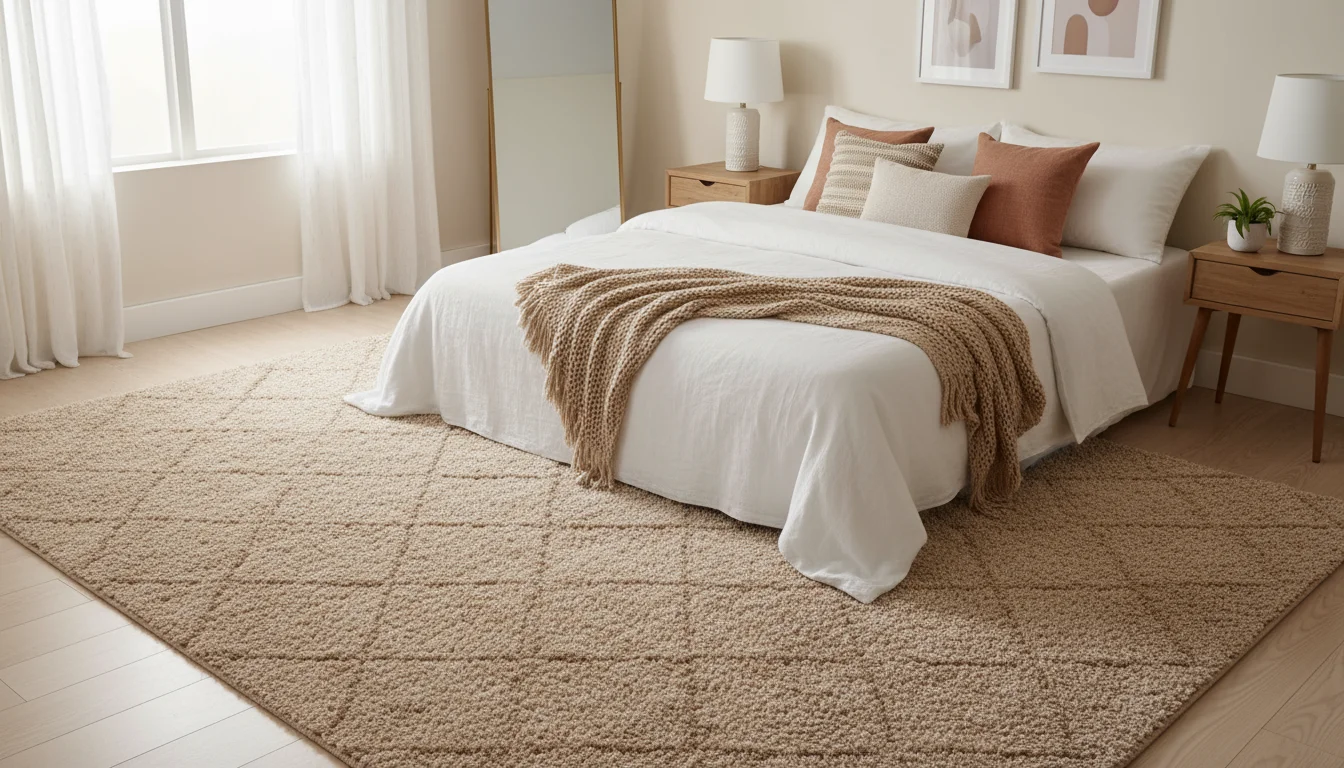 A wide shot of a serene bedroom with a large, warm beige, subtly patterned rug under a queen bed with white linen bedding.