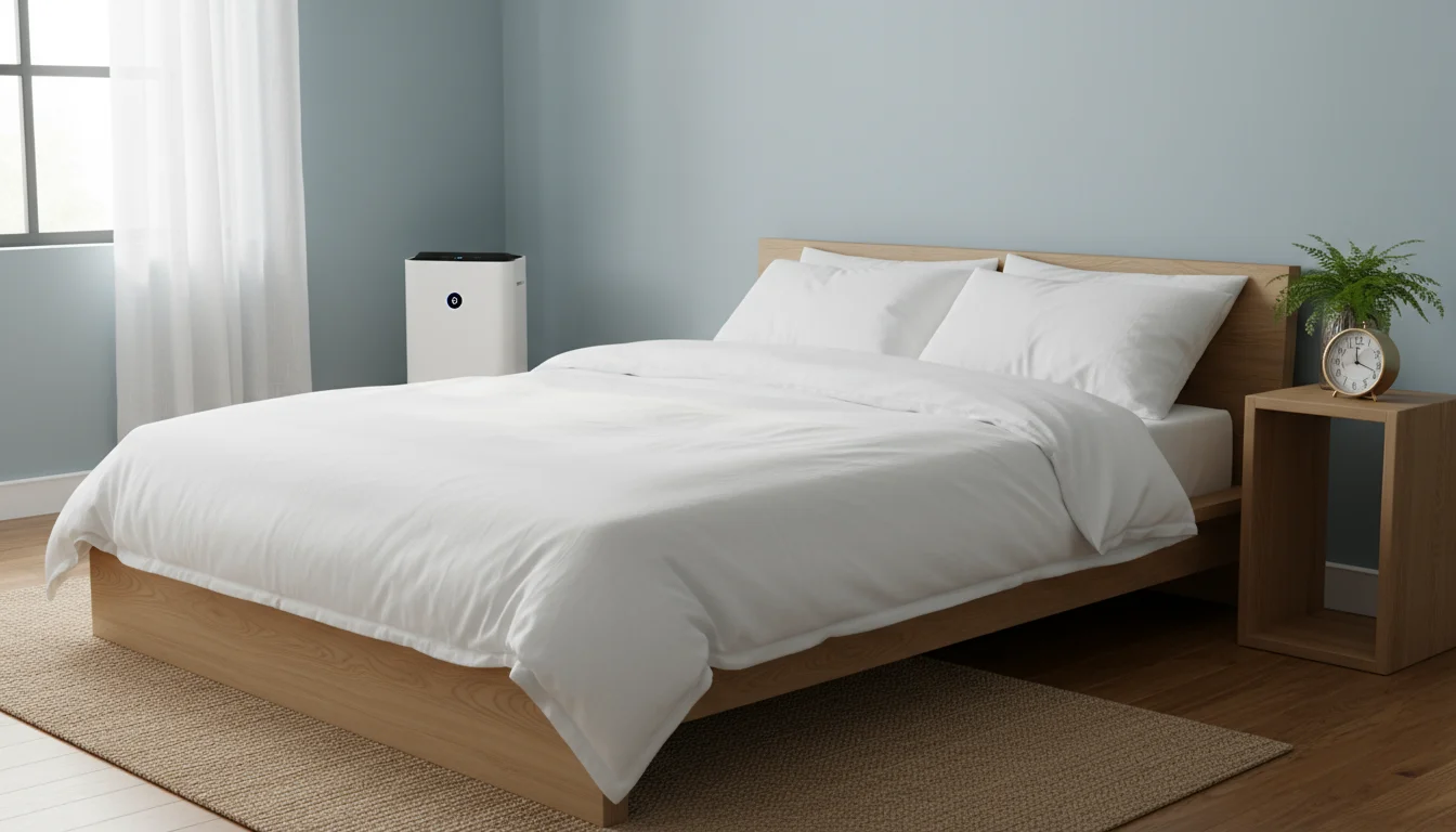 A serene bedroom with a neatly made bed, empty bedside table, and an air purifier placed far from the bed.