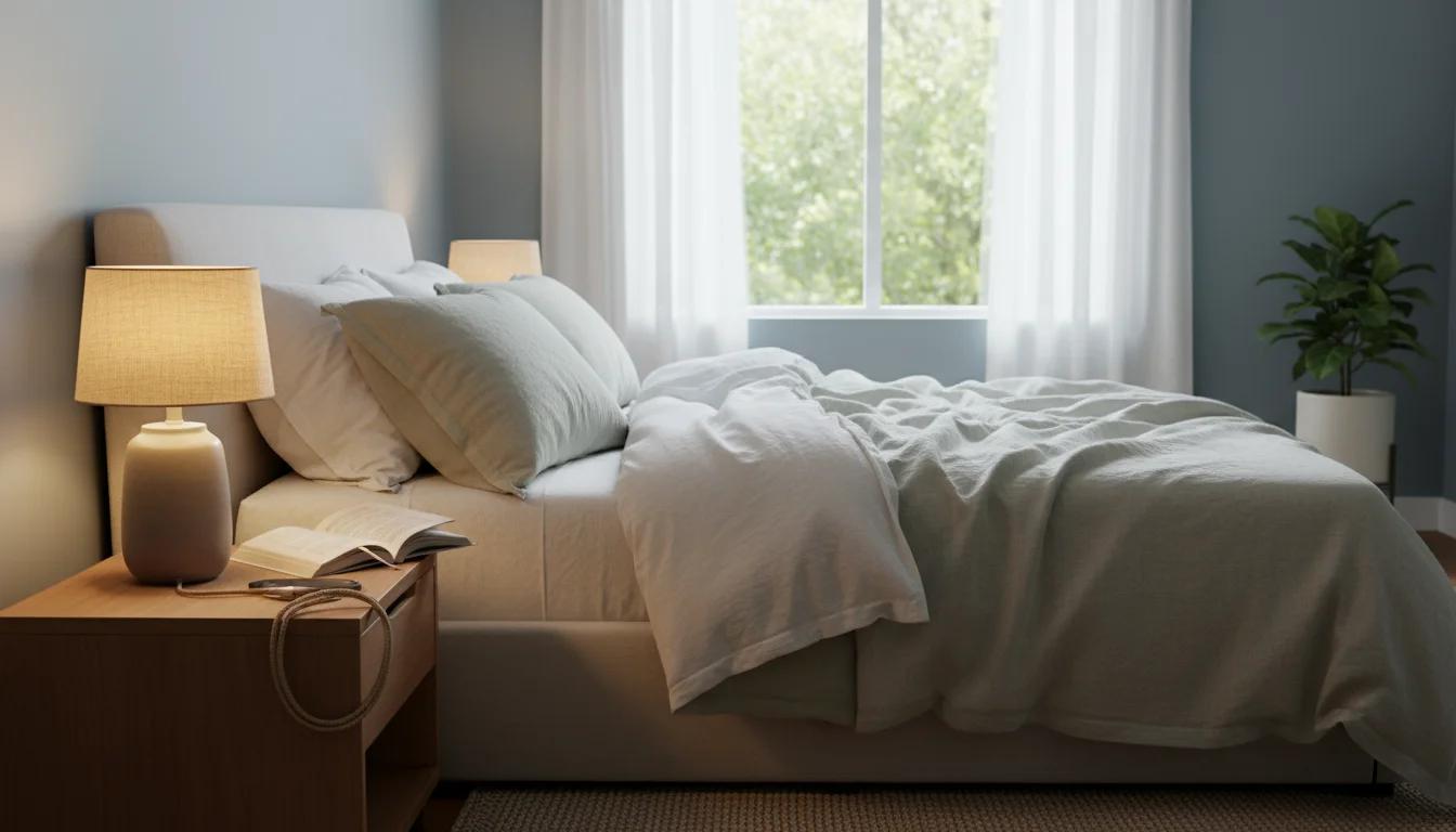 A serene bedroom with a made bed and a simple wooden nightstand. A smartphone, a small lamp, and a book rest on the nightstand.