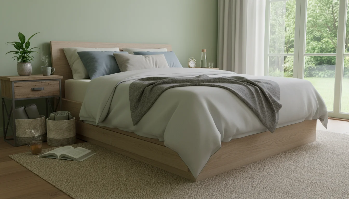 Serene bedroom with a neatly made bed, uncluttered nightstand with a book and plant, bathed in soft, natural sunlight.