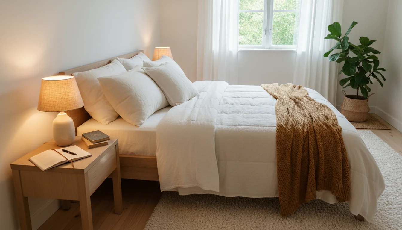A serene bedroom nightstand with an open journal, pen, and book, bathed in soft lamp light, showing no electronics or clutter.