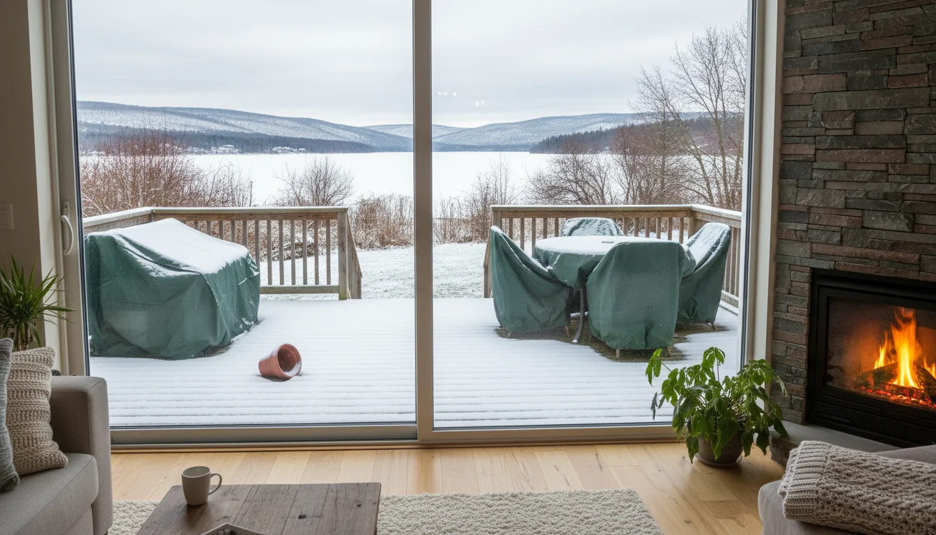 Serene view of a lightly snow-dusted wooden deck and covered outdoor furniture seen through a glass door from a cozy indoor space.