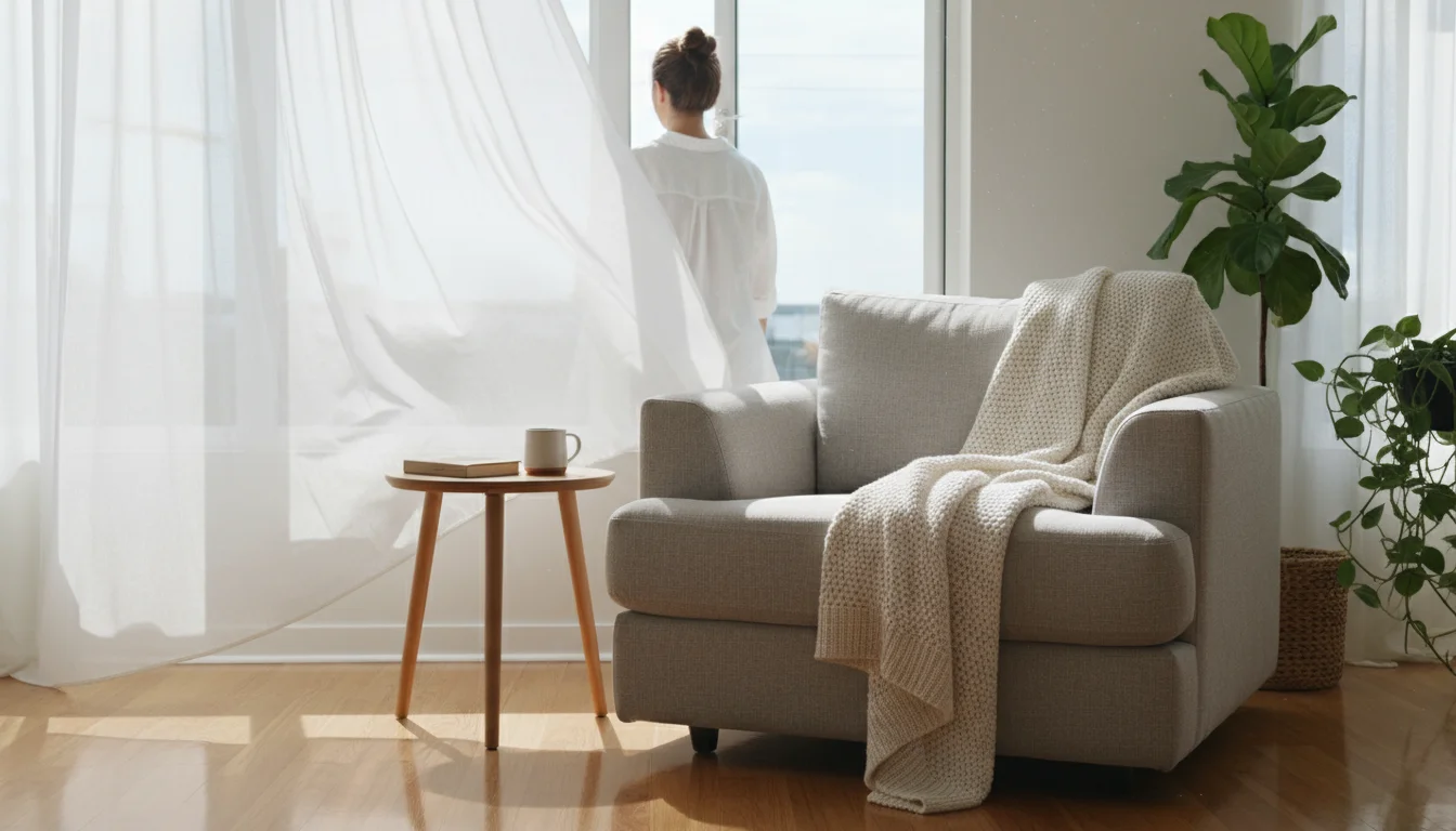 A serene living room corner with an open window and billowing sheer curtain, showcasing a clean armchair and floor in natural light.