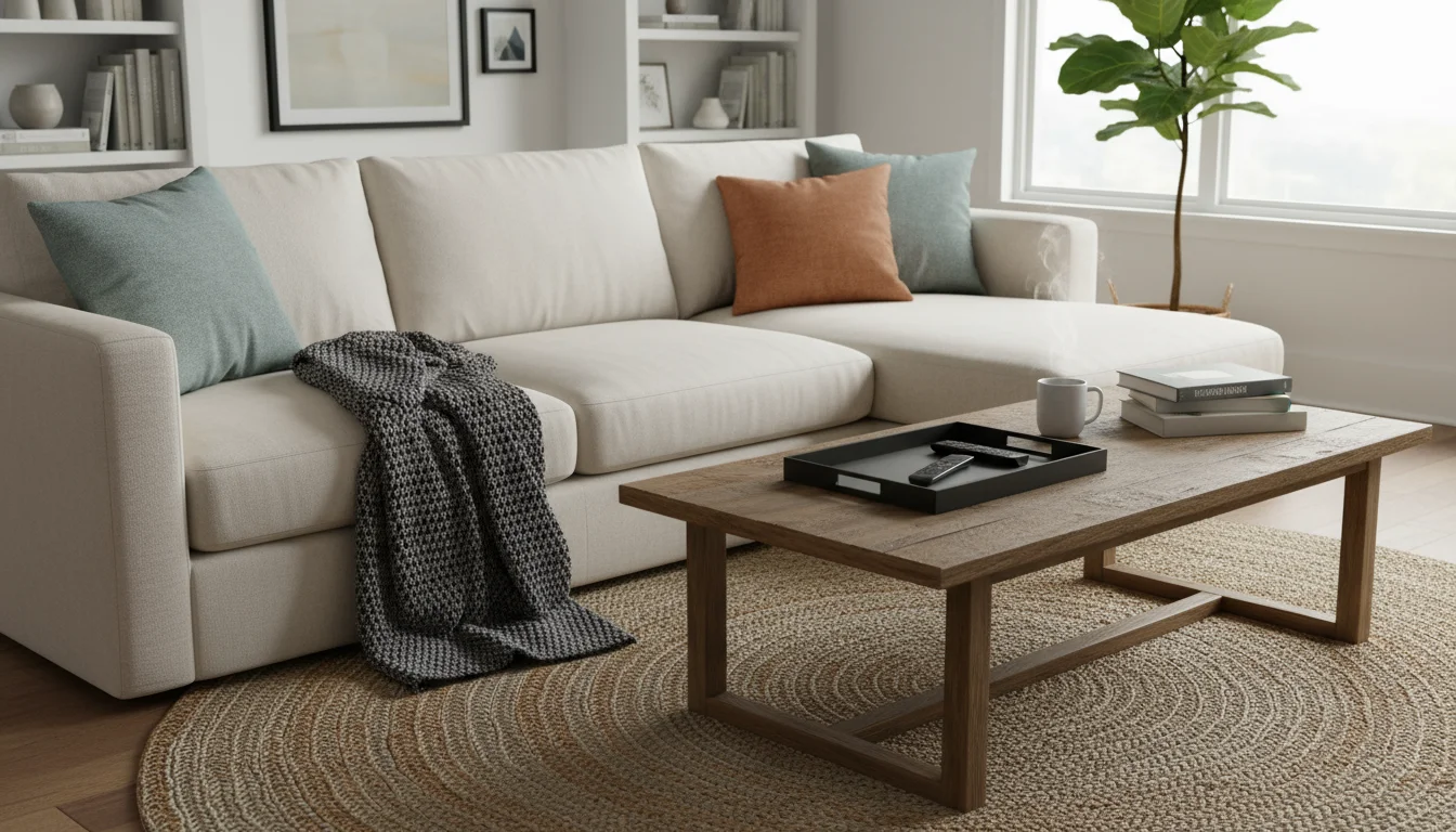 A serene living room with a tidy sofa, fluffed pillows, folded blanket, organized remotes in a tray, and a subtle toy basket.