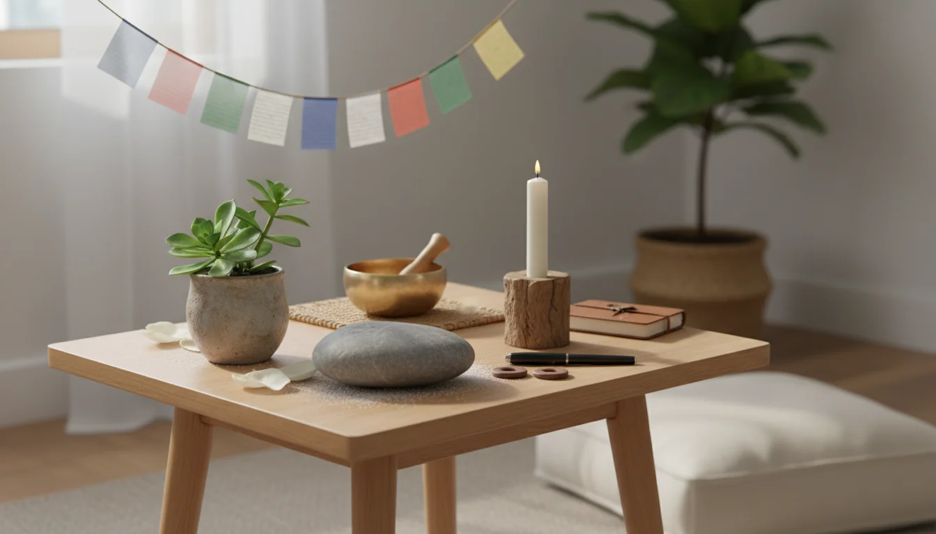 A serene meditation altar on a light wooden table, featuring a river stone, green succulent, white candle, and misty mountain photo.