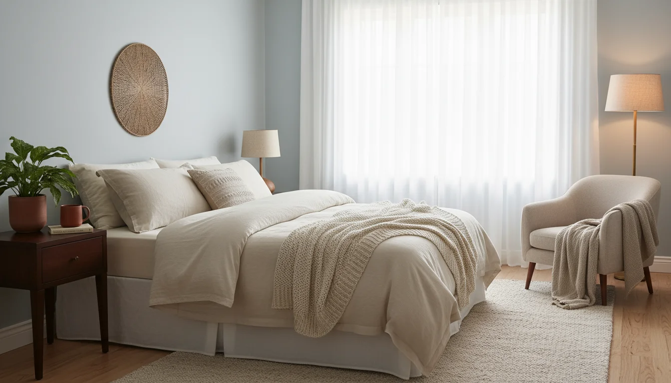 A serene, naturally lit bedroom with a neatly made bed, layered with soft linens and a knit throw. A nightstand holds a cup, plant, and book.