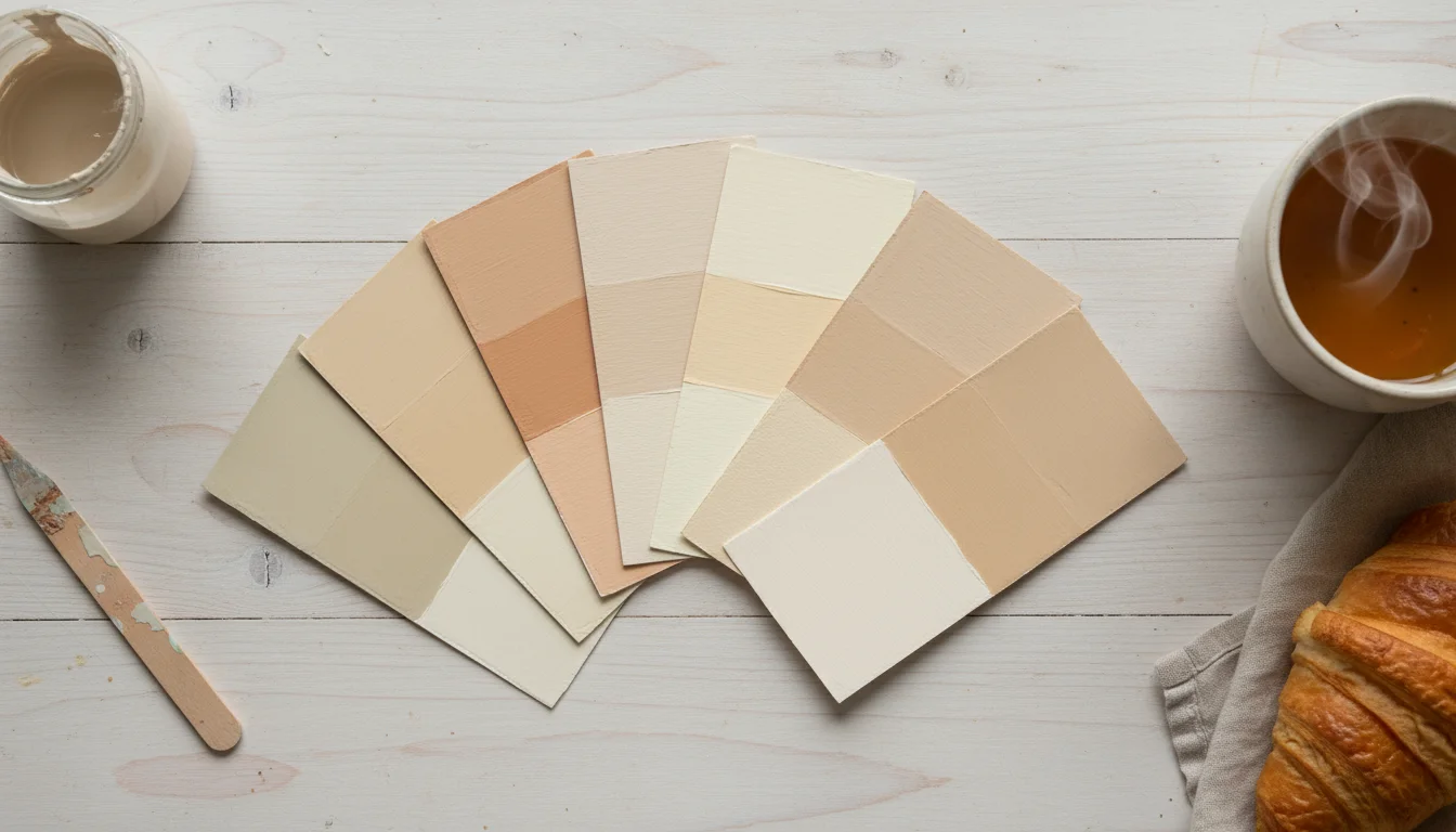 Close-up of seven paint swatches in warm greige, beige, and off-white tones, fanned on a wooden counter, showing subtle undertones.
