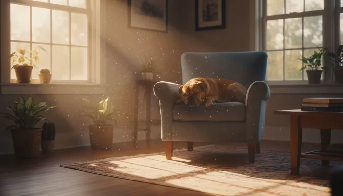 A shaft of sunlight in a cozy living room illuminates dust and pet dander floating above a napping dog on an armchair.