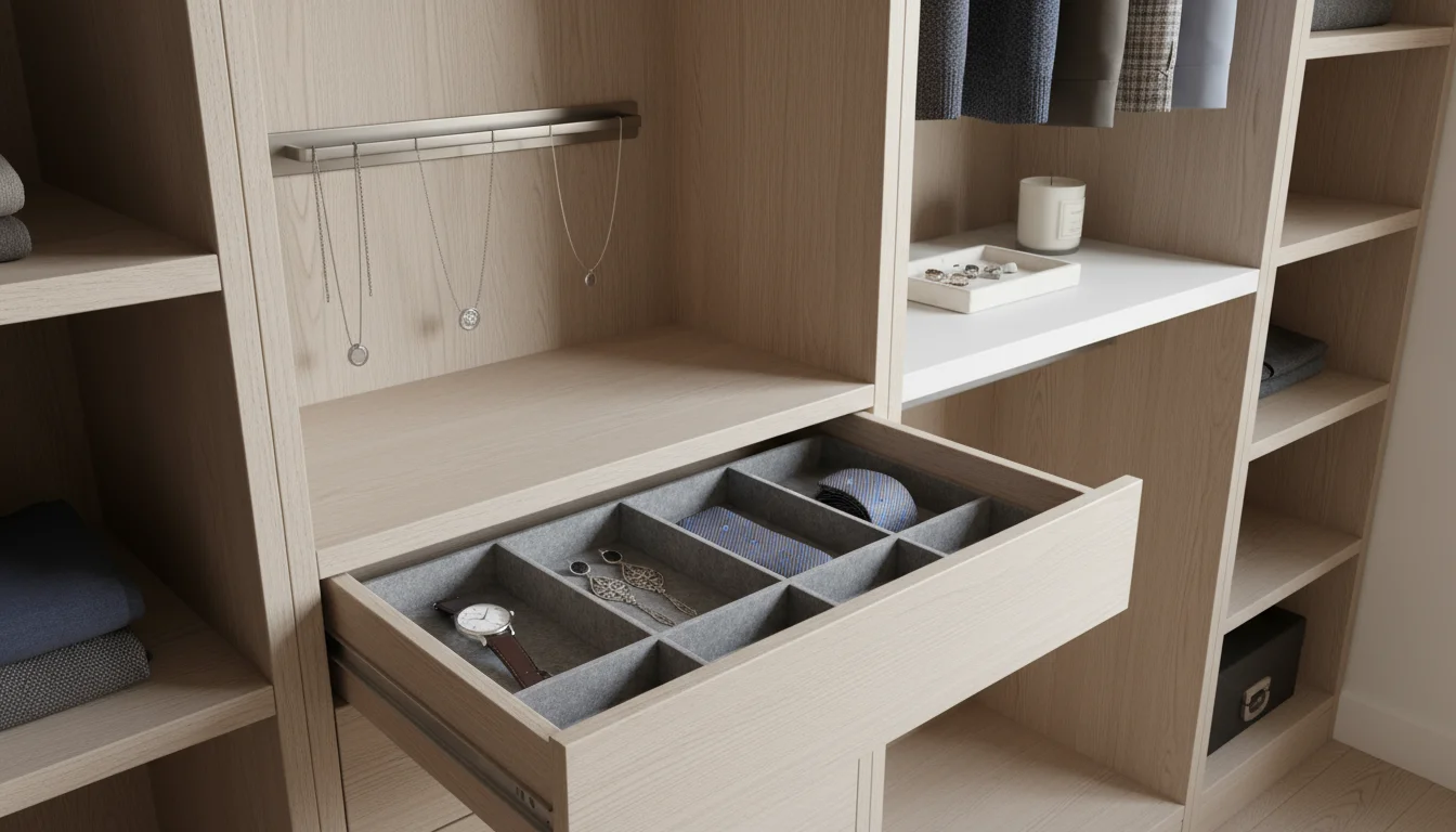A shallow closet drawer with felt inserts organizing jewelry, next to a wall-mounted necklace organizer and a tray of sunglasses.