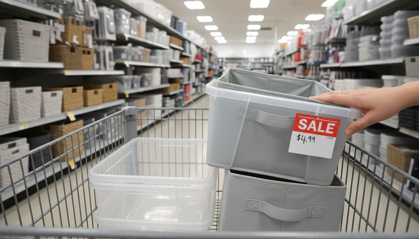 A shopping cart holds clear plastic bins and gray fabric bins. A hand rests on a plastic bin with a sale tag.