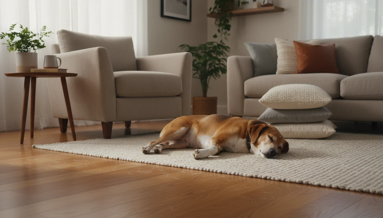 A short-haired dog naps across a hardwood floor and a low-pile rug. A dustpan and brush are on the hardwood floor nearby.