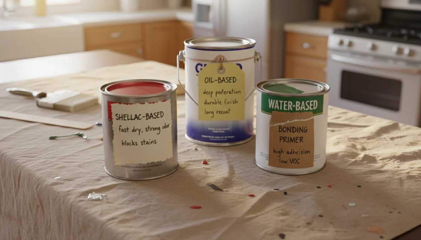 An elevated view shows three primer cans (shellac, oil, water-based) on a protected kitchen surface, with handwritten notes, gloves, and a notebook.