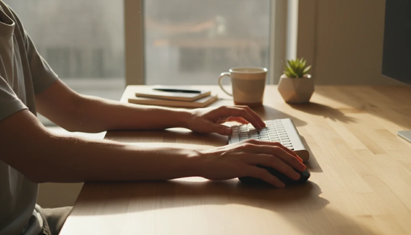 A side-view of hands and forearms on a keyboard and mouse, showing straight wrists and close mouse placement on a wooden desk.