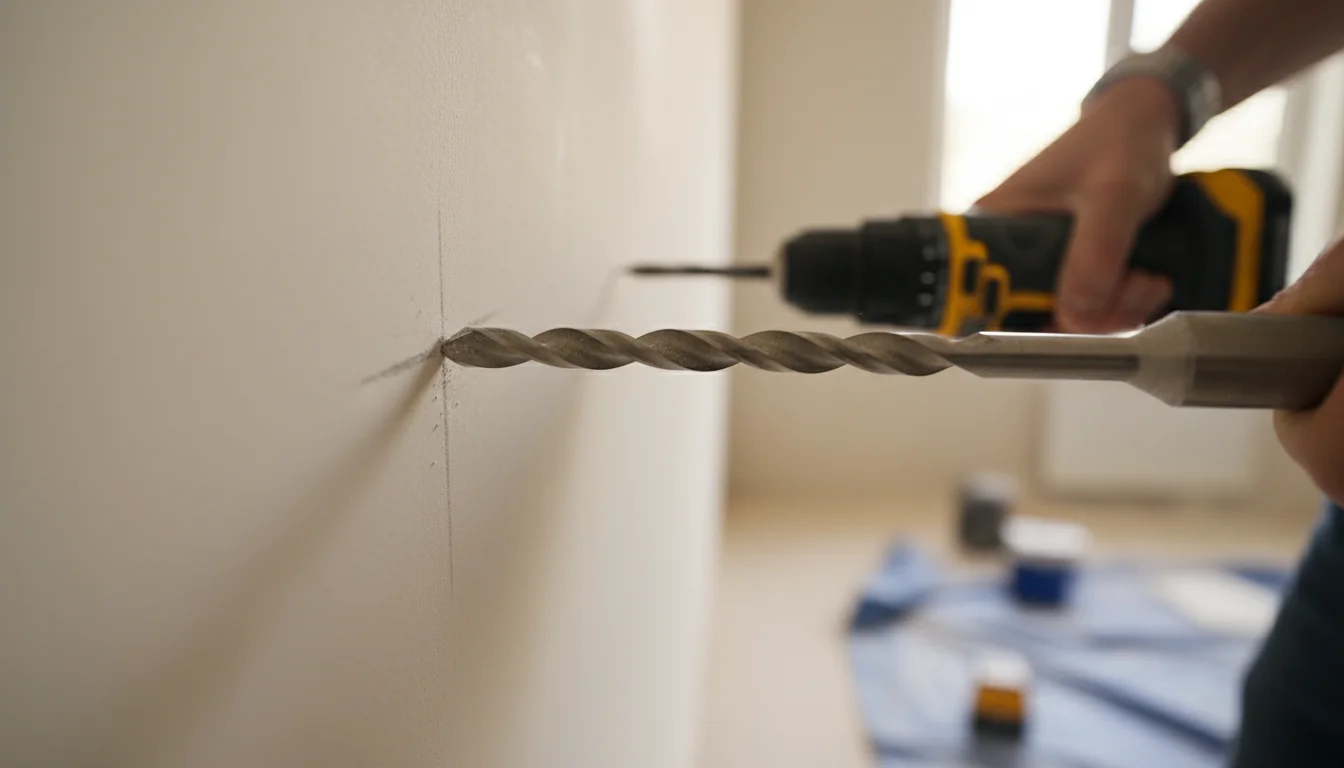 Close-up of a silver drill bit creating a pilot hole in a white wall, with a faint pencil mark. A blurred hand holds the drill.