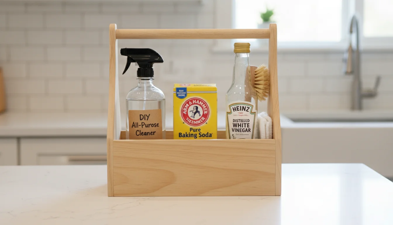 Simple natural wood caddy holds baking soda, white vinegar, tea tree oil, DIY spray, and colorful microfiber cloths on a clean counter.