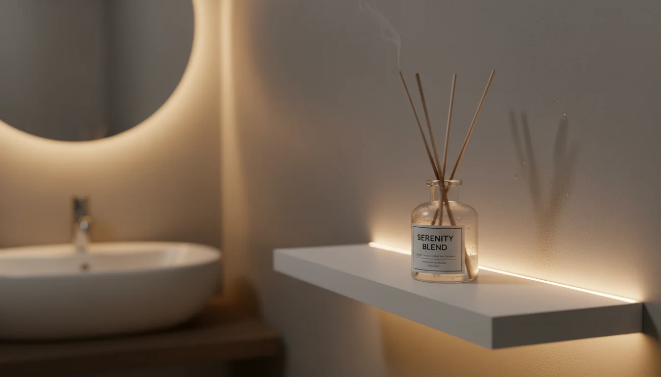 A simple reed diffuser on a shelf with a soft, warm glow from hidden LED lights, creating a relaxing bathroom ambiance.
