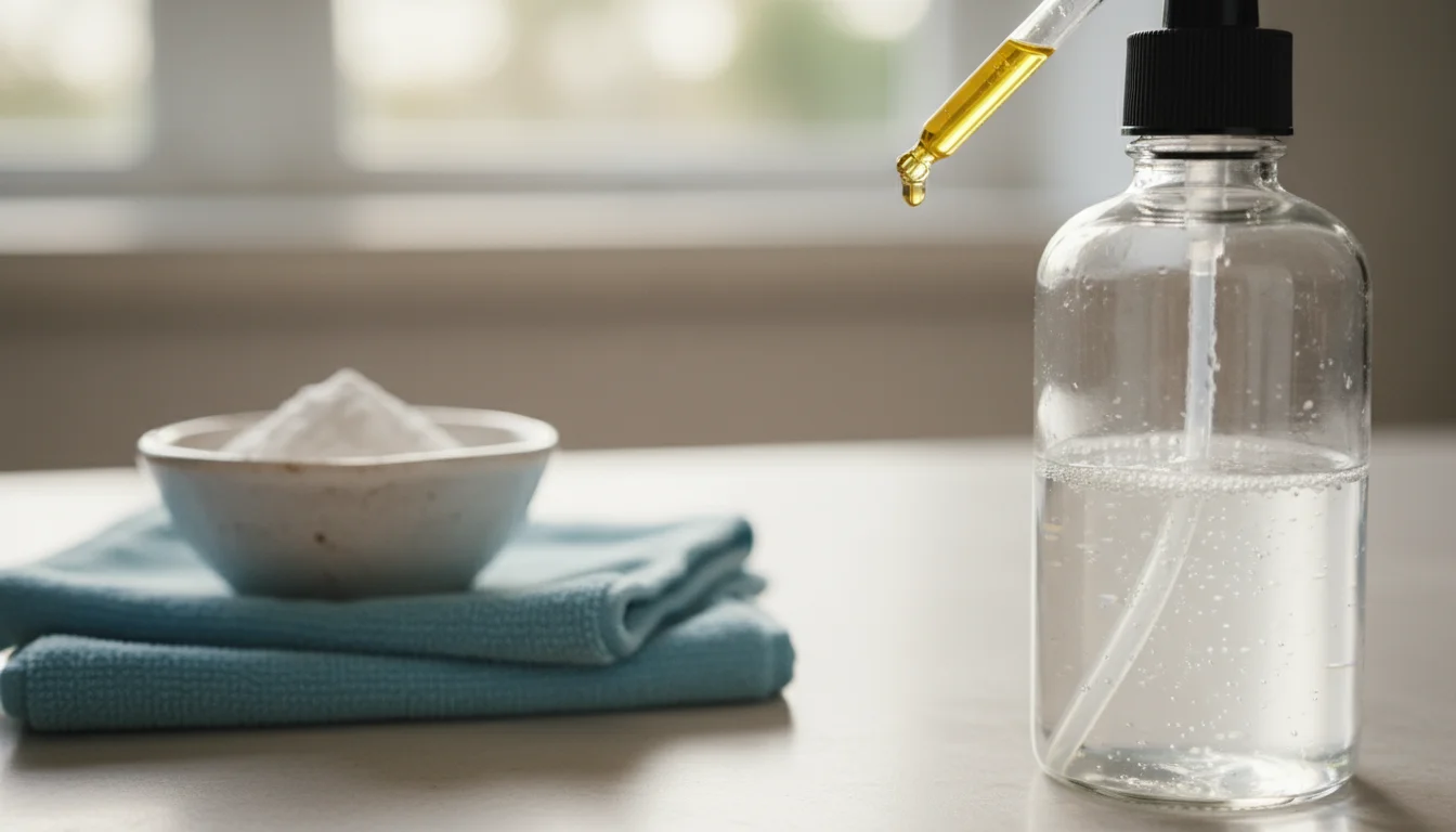 A single drop of lemon essential oil falls into a DIY cleaning spray bottle, with baking soda and microfiber cloths blurred in the background.
