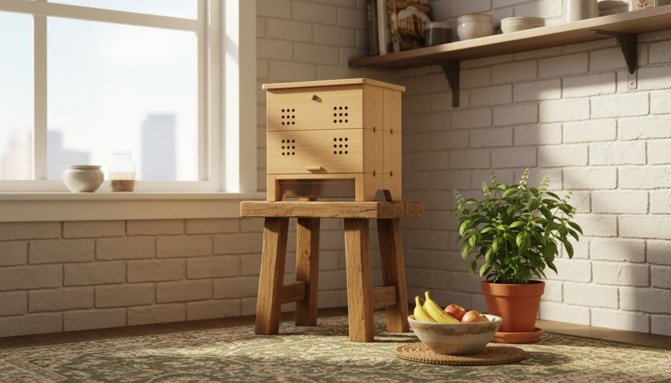A sleek, light-colored, tiered worm composting bin sits on a rustic wooden stool in a sunlit apartment kitchen corner. Beside it, a small ceramic bowl