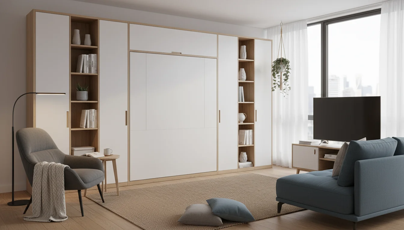 Sleek white Murphy bed cabinet integrated into a wall unit, styled with books and a plant, alongside a cozy grey armchair in a modern living room.