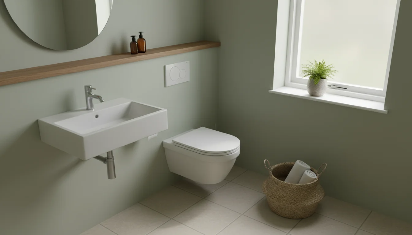 Sleek white wall-mounted toilet in a cozy small bathroom, revealing clear, light-tiled floor space underneath. A woven basket sits beside it.