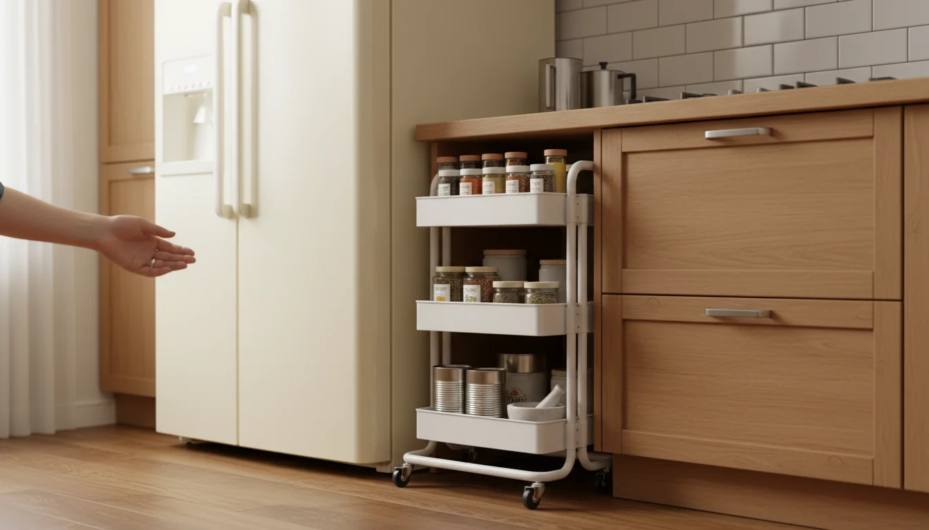 A slim white multi-tiered rolling cart filled with spices and small jars is being pulled from a narrow gap between a refrigerator and a cabinet.