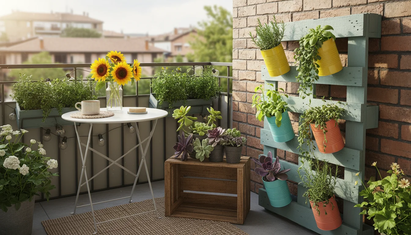 A small apartment balcony corner with a repurposed wooden pallet plant stand, DIY tin can and crate planters, and a freshly painted metal stool.