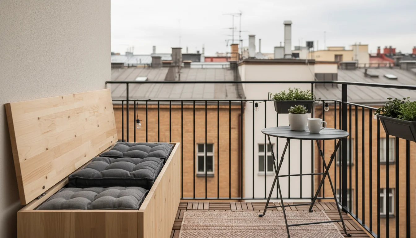 Small apartment balcony with a wooden bench showing lift-top storage, gray cushions, and a foldable metal table with a succulent and mug.