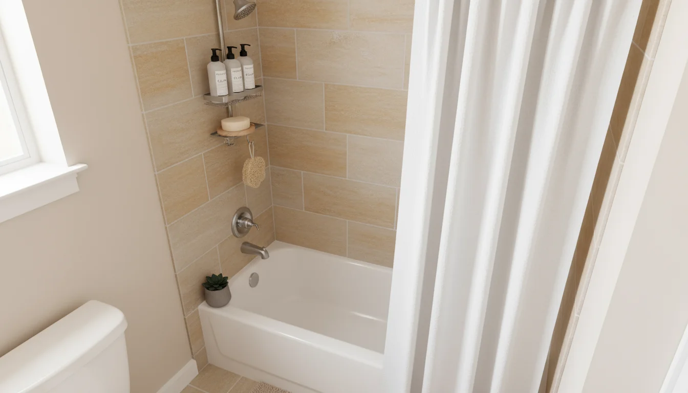 Elevated shot of a small apartment shower with a brushed nickel tension rod caddy filled with shampoo, soap, loofah.