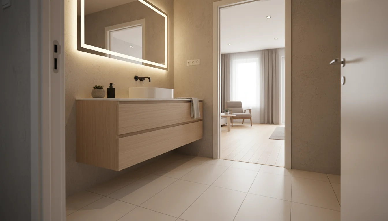 A small bathroom with a floating wooden vanity and a visible, light-colored tile floor underneath, making the space feel larger.