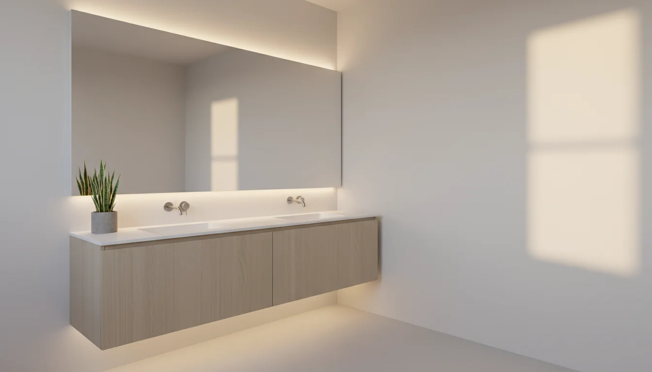Small bathroom featuring a wide frameless mirror over a floating vanity, reflecting light and creating an illusion of expanded space.