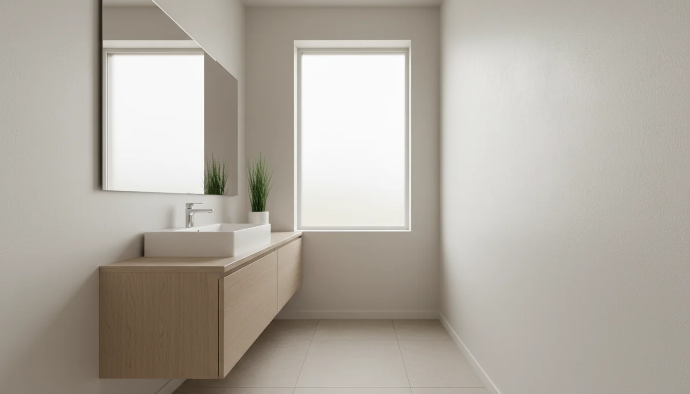 A small bathroom with off-white walls, a large frameless mirror, and a light wood floating vanity. Natural light brightens the space.